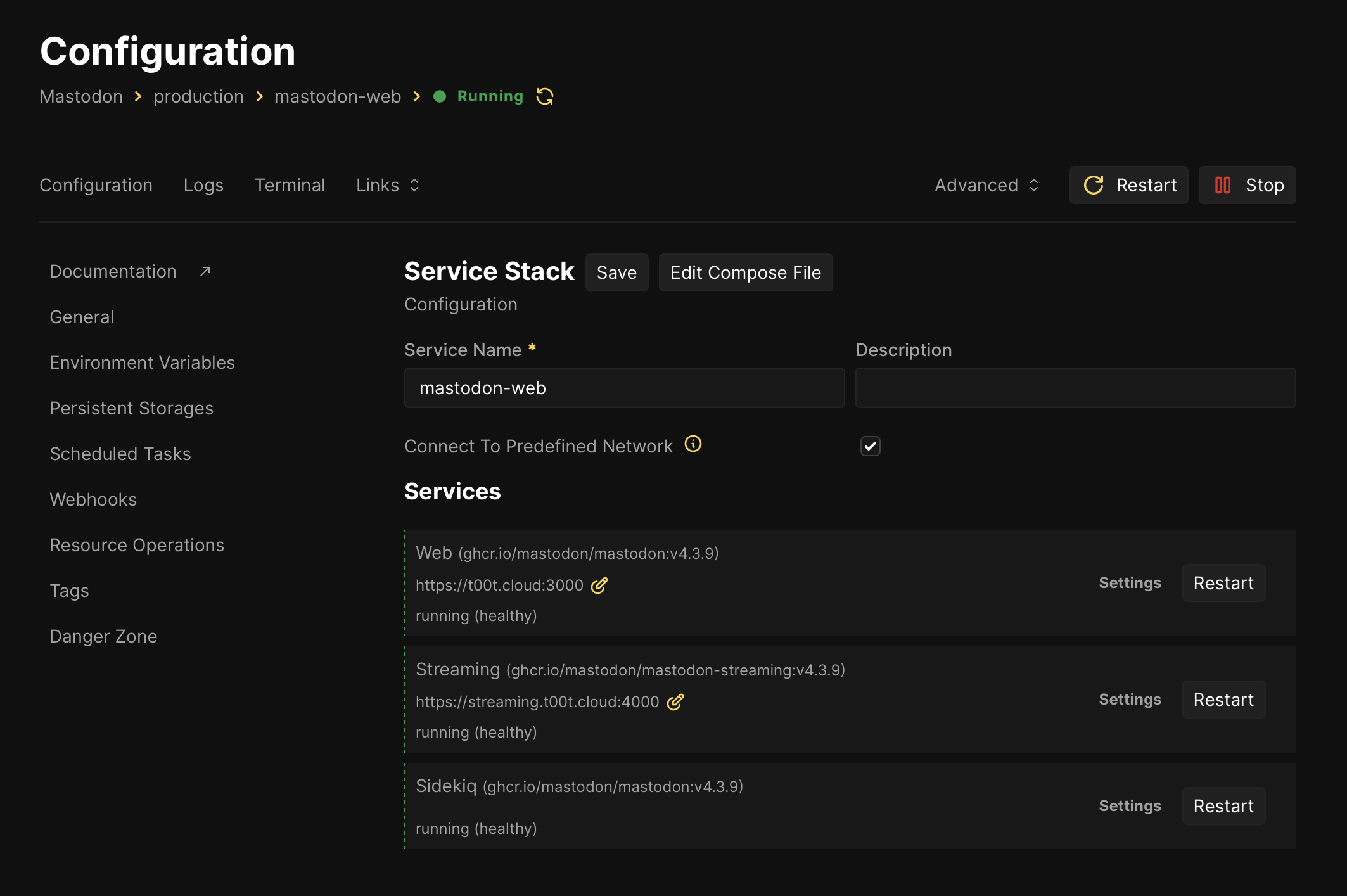 Screenshot of the Coolify Service Stack view for the production environment, which lists a Web service at t00t.cloud mapped to port 3000, a Streaming service at streaming.t00t.cloud mapped to port 4000, and Sidekiq (without a port-domain mapping).
