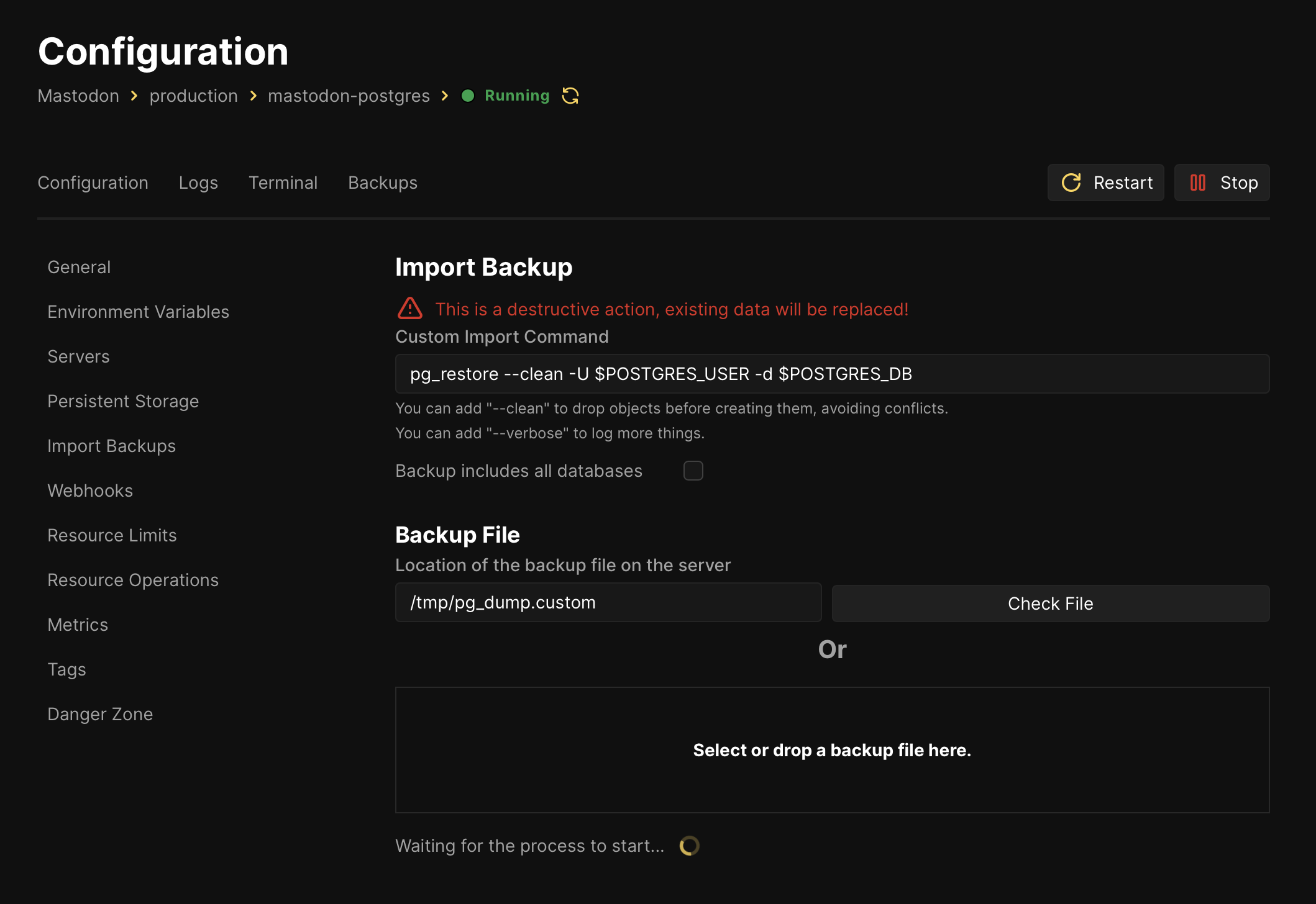 Screenshot of Coolify’s “Import Backup” view under the PostgreSQL service, with fields for customizing the import command and either specifying a backup file location or dropping a file to upload via the web interface.