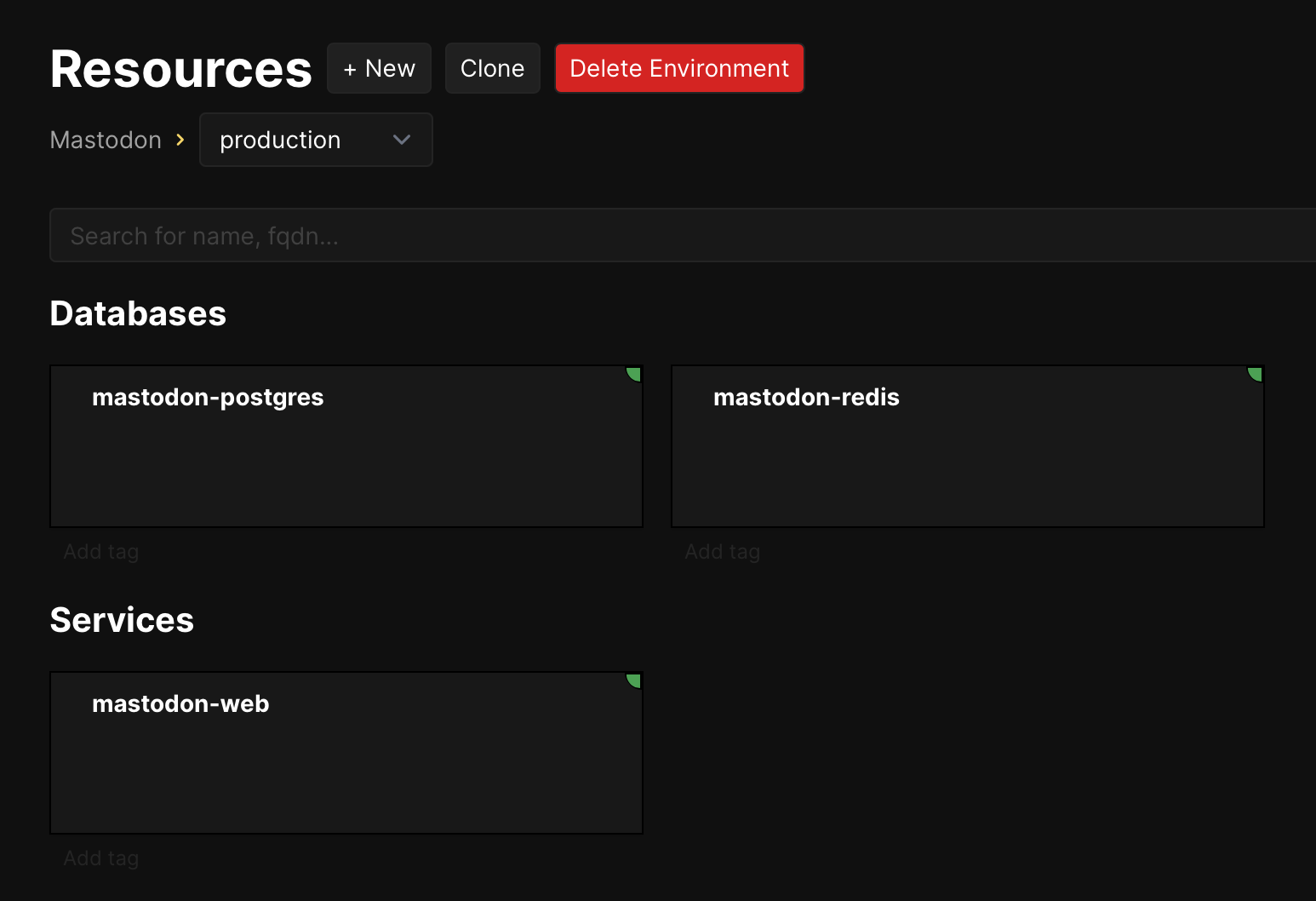 Screenshot of the Coolify Resources view for the production environment, which lists “mastodon-postgres” and “mastodon-redis” under “Resources” and “mastodon-web” under “Services”.
