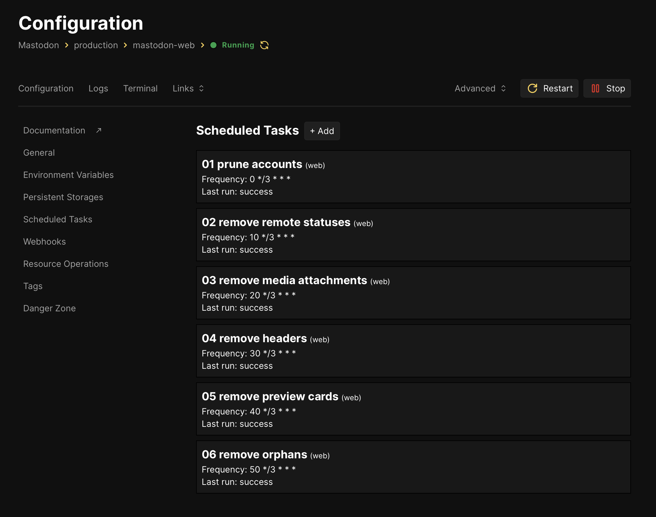 Screenshot of Coolify’s “Scheduled Tasks” view within the web service, which lists each of the items I detail below.