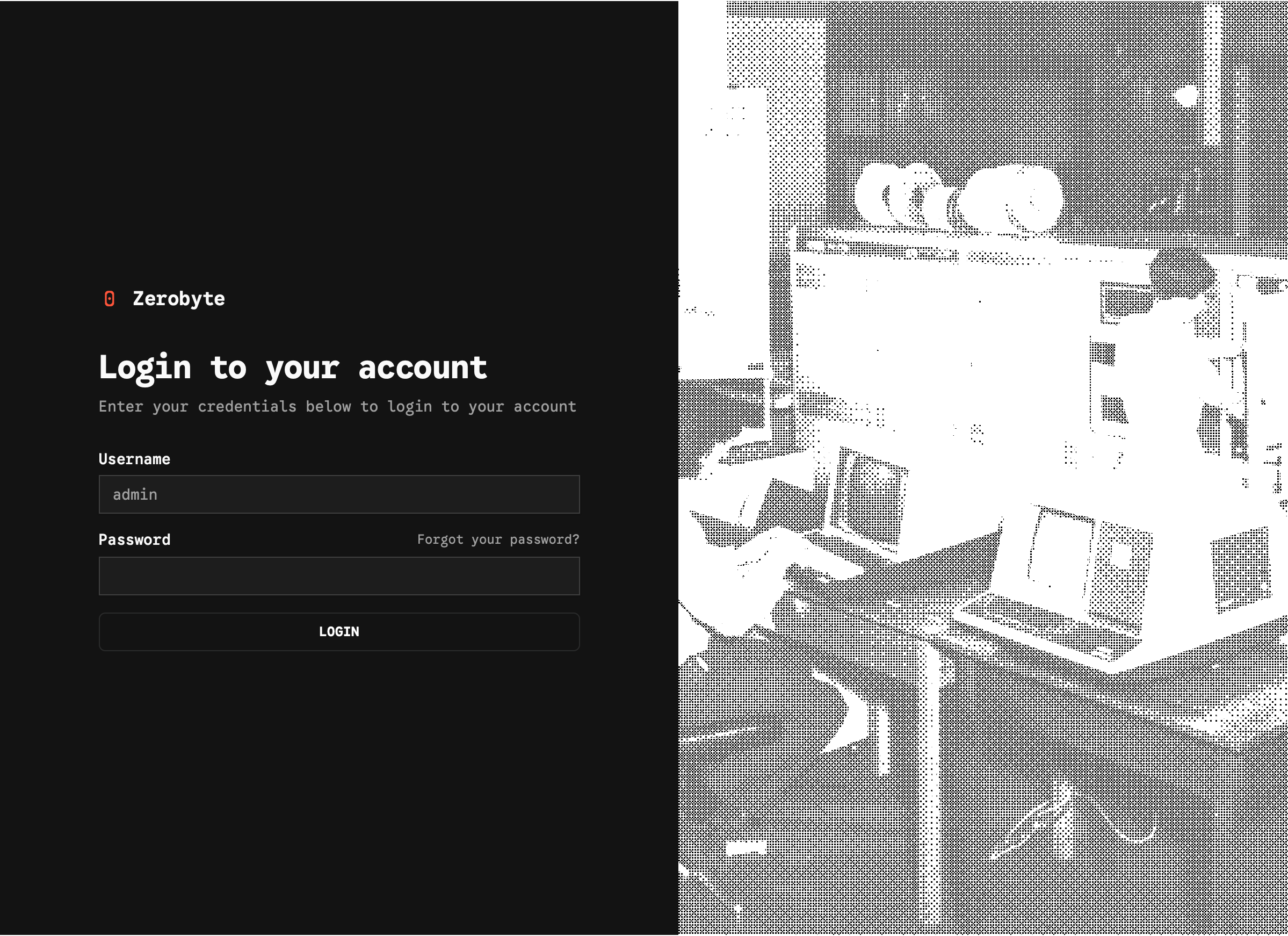 Screenshot of the Zerobyte login screen, with username and password fields on black next to a low-fi photo of a computer room from the dawn of personal computers.