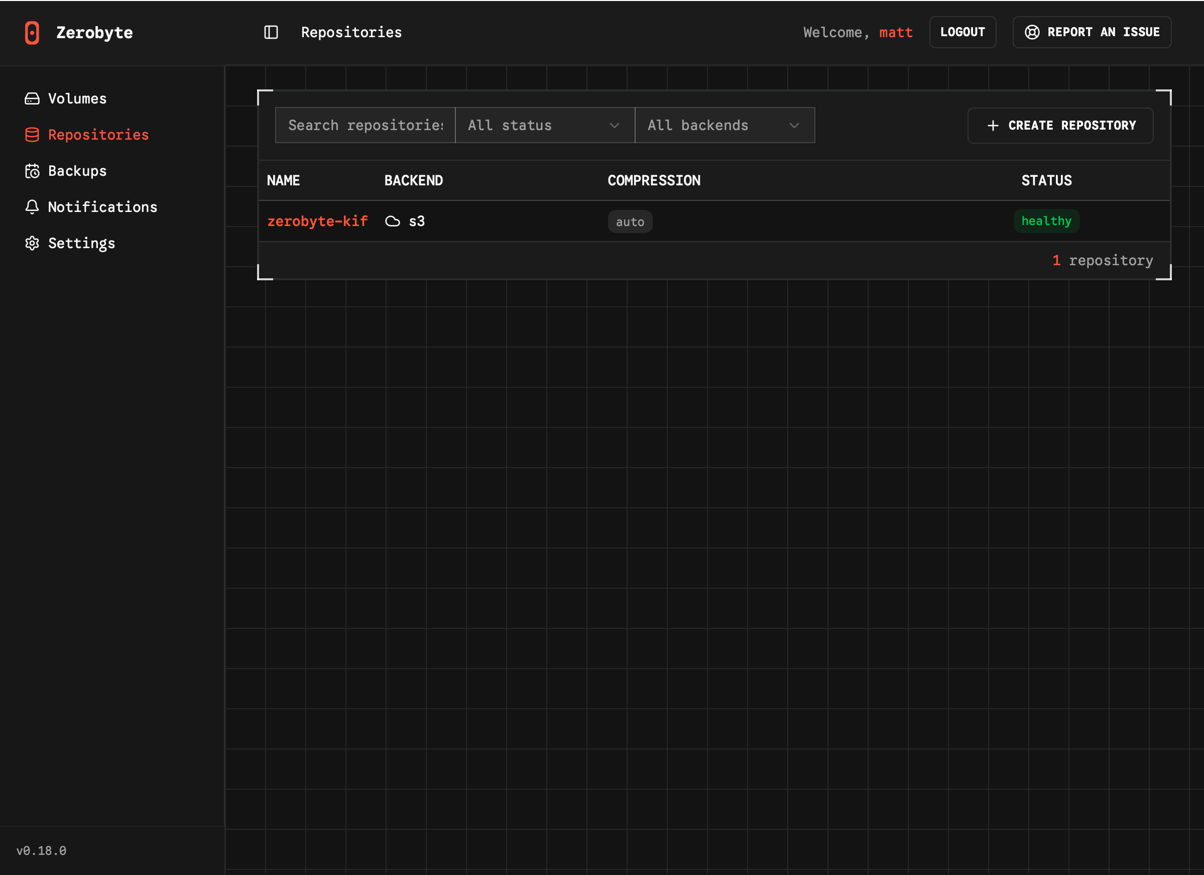Screenshot of Zerobyte’s Repository listing with name, backend (in this case S3), compression (auto), and health status (healthy).
