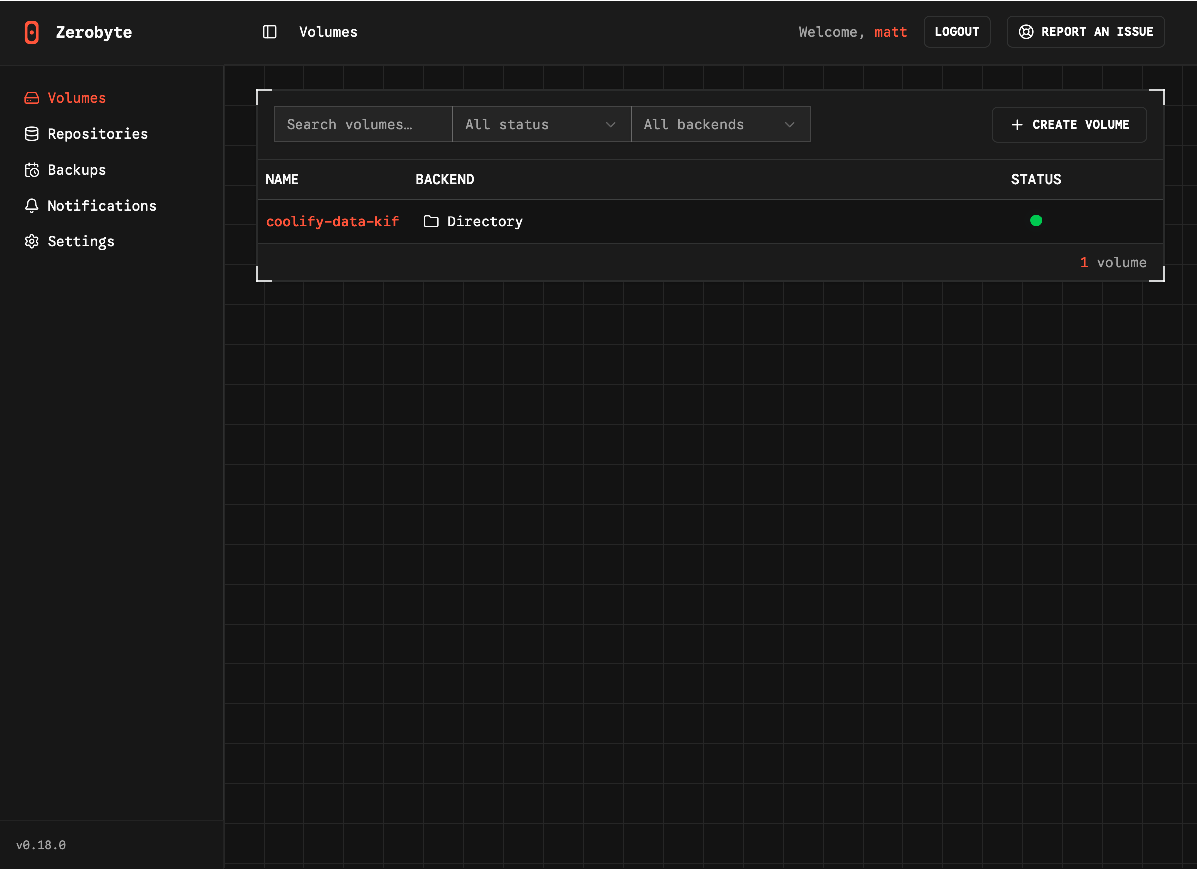 Screenshot of Zerobyte’s Volumes listing with name, backend (in this case Directory), and health status.