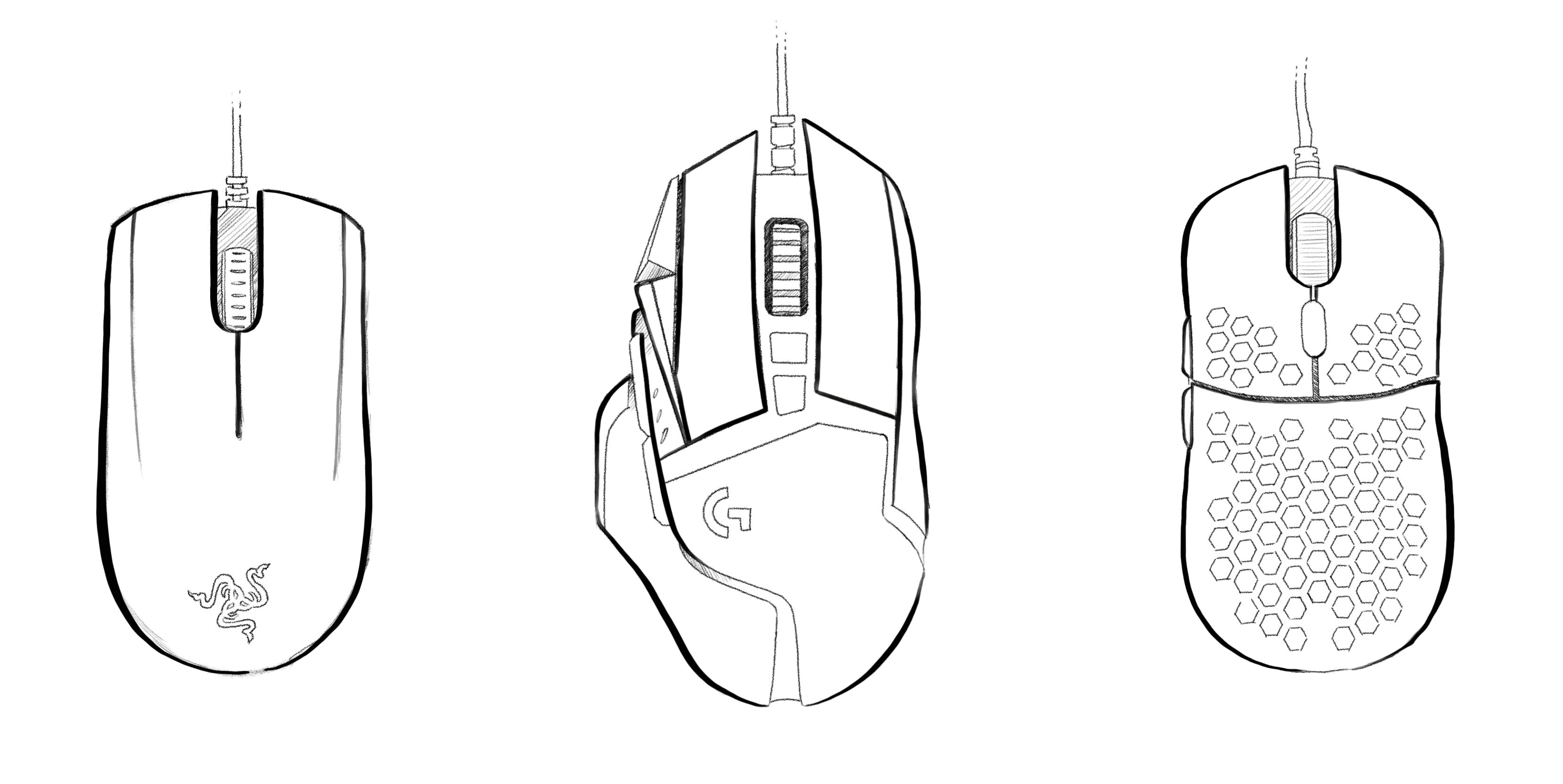 Sketchy drawings of the Razor Abyssus, Logitech G502 Hero SE, and HK Mira S