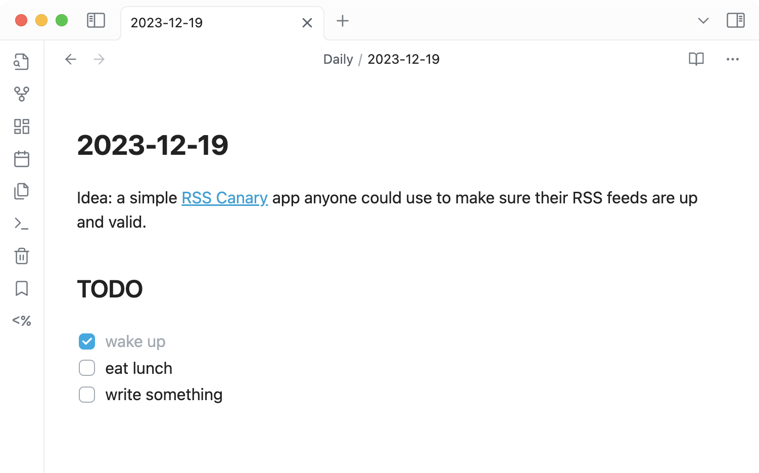 Cropped screenshot of an Obsidian document with a new daily note: a top-level heading that reads 2023-12-19, followed by a pretend open-ended note, then a second-level “TODO” heading followed by checklist items reading “wake up” (checked), “eat lunch,” and “write something.”
