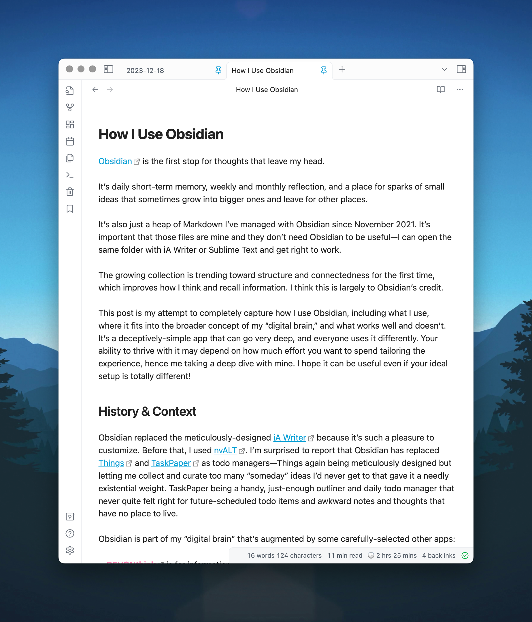 Screenshot of the entire Obsidian window, with a pinned tab reading 2023-12-18 and another tab with the title and beginning Markdown contents of this article.