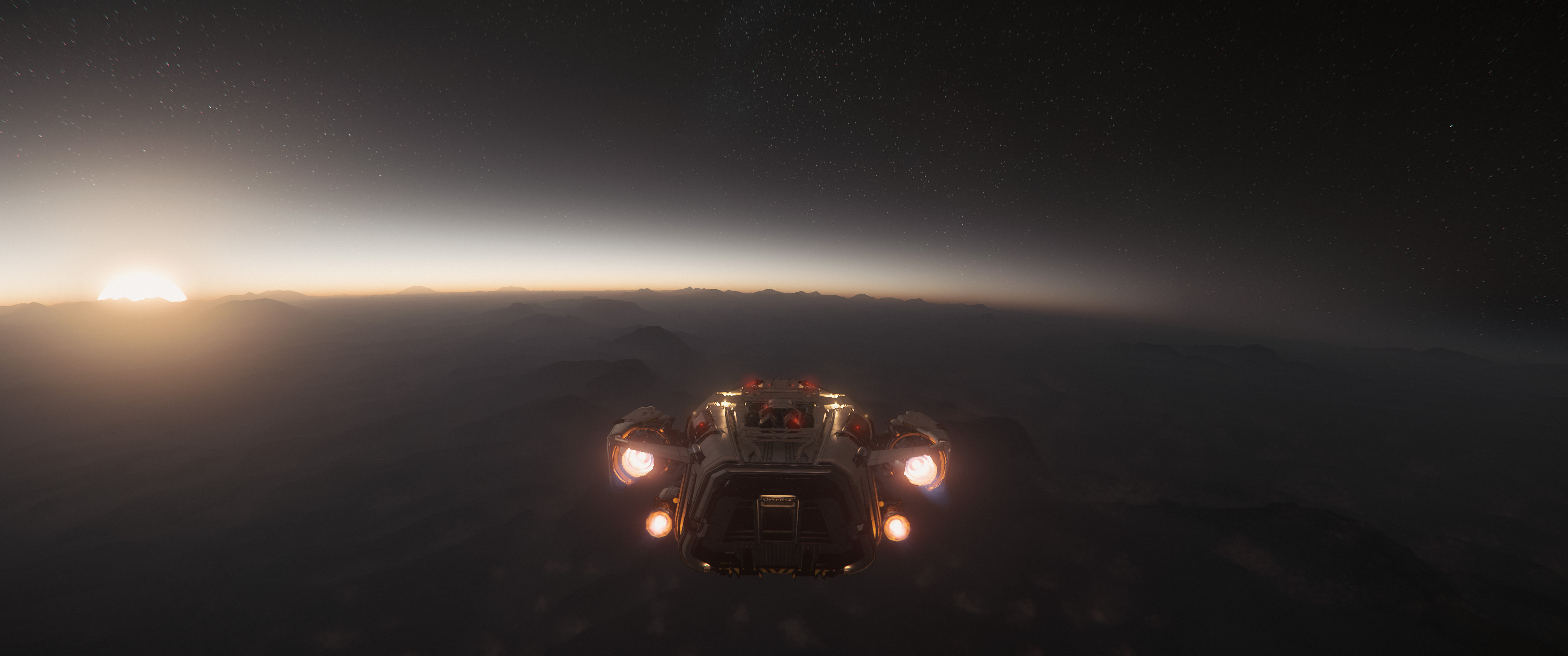 Small spaceship over a misty planet with the sunset illuminating mountains and atmosphere against a starry backdrop